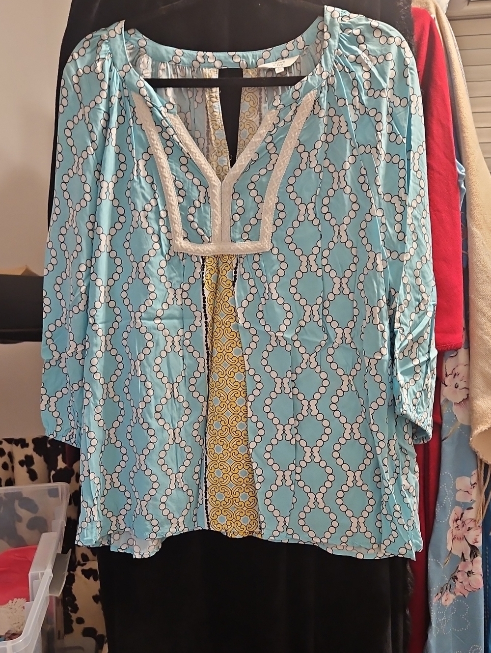 crown & ivy Blue Patterned Blouse with Gold Accent